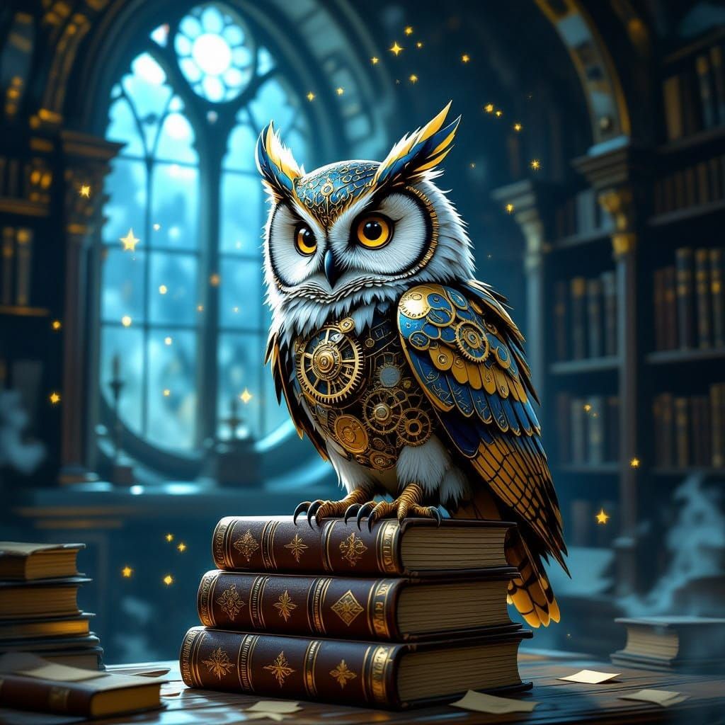 Clockwork Owl on Books in Dusty Observatory