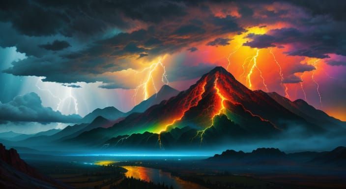 Lightning Storm Landscape: Vibrant Acrylic Action Painting