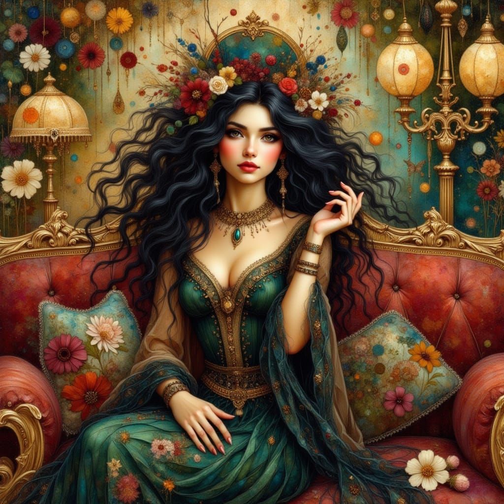 Italian Woman on Velvet Couch in Art Nouveau Style