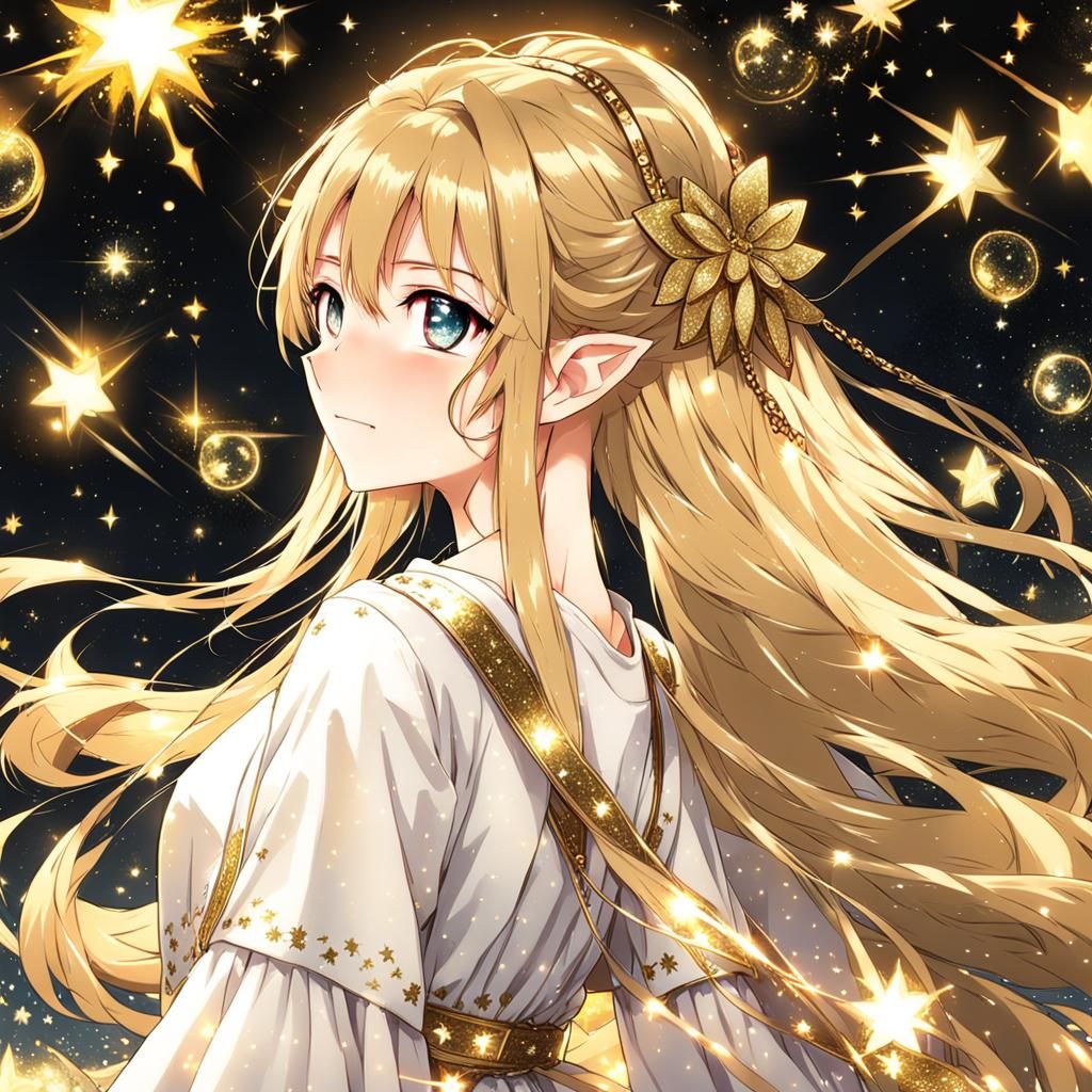 Anime Girl in White Dress with Gold Sparkles