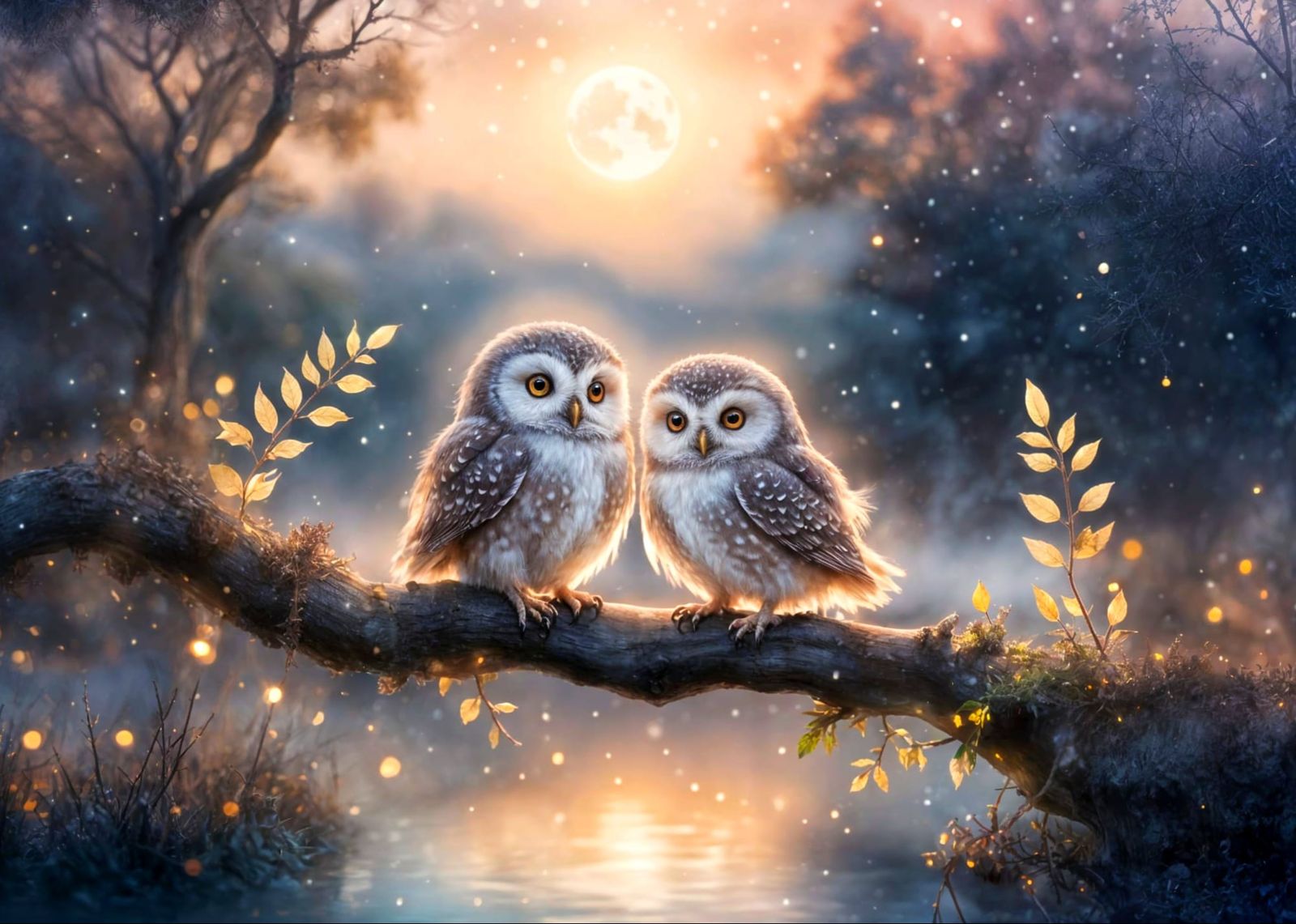 Dreamy Watercolour Owls on Misty Moonlit Evening