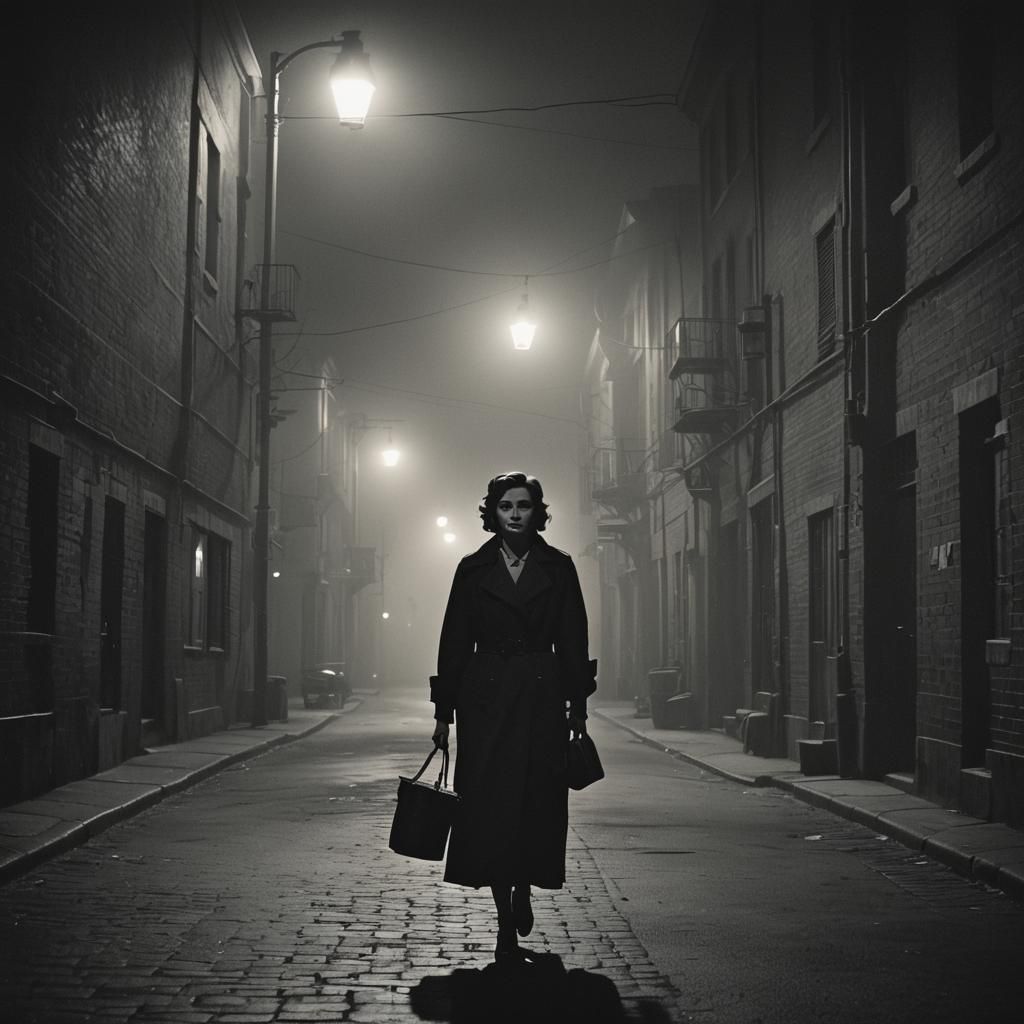 Noir Film Still: Woman Leaving Under Streetlights