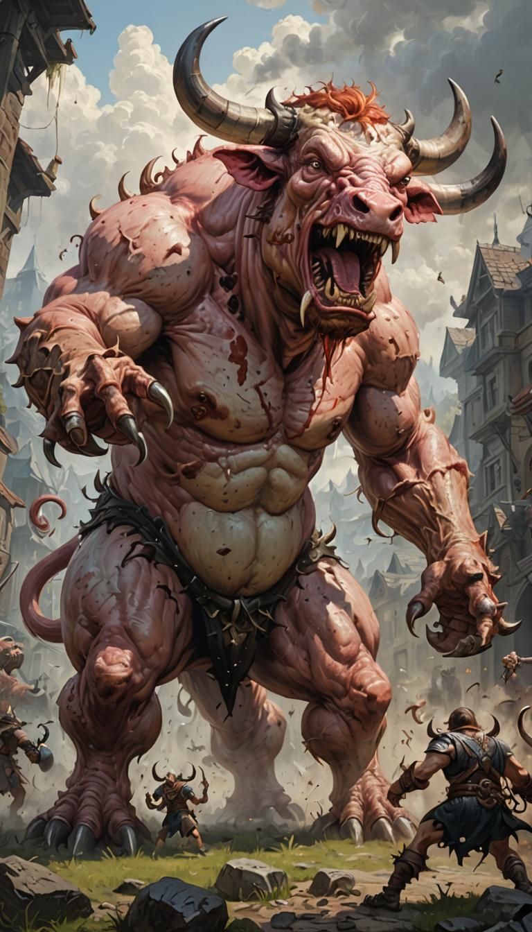 Anthropomorphic Bovine Monster in Epic Battle