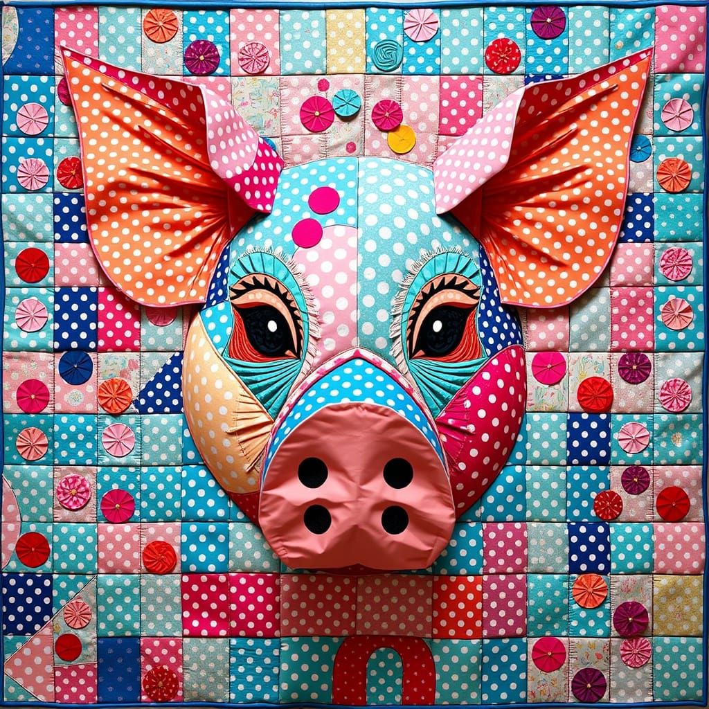 Pig Head Quilt in Polka Dot Pop Surrealism