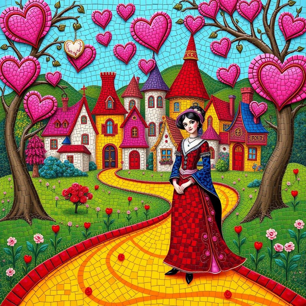Romantic Village Scene in Whimsical Mosaic Style