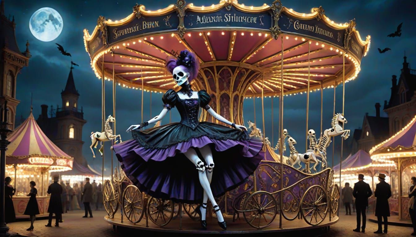 A phantasmagorical merry-go-round of skeletal shenanigans twirls like a deranged ballerina in a moonlit boneyard, where ...