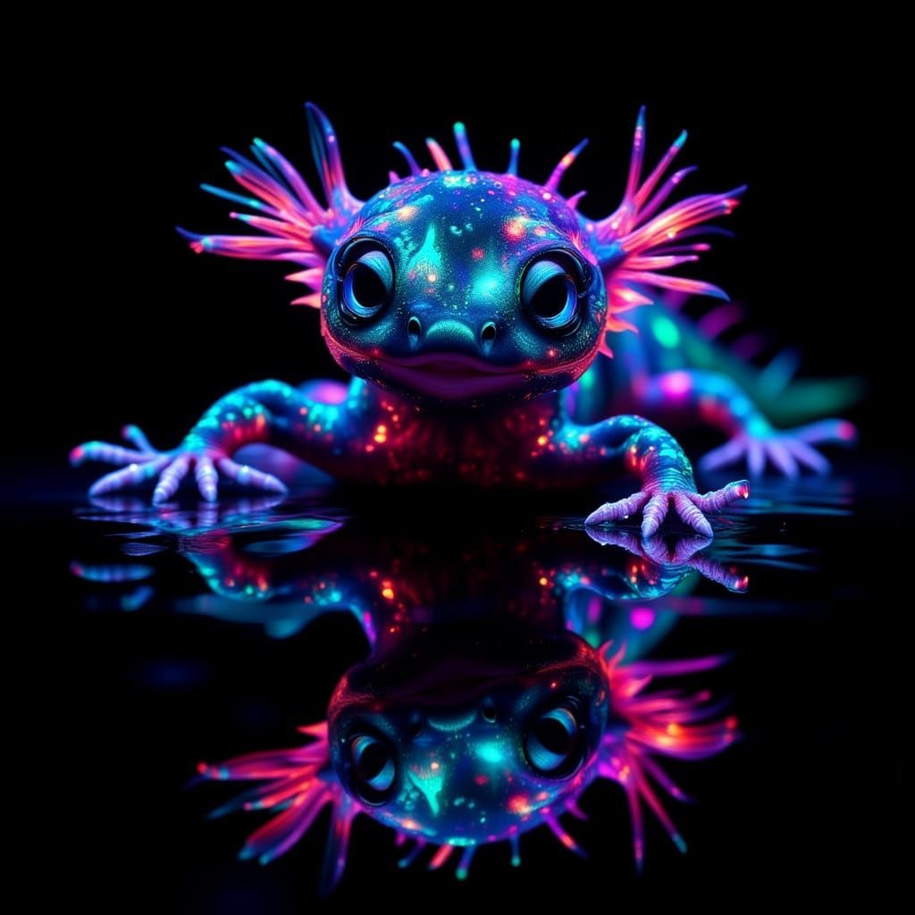 Bioluminescent Axolotl Glowing Neon Under Black Light