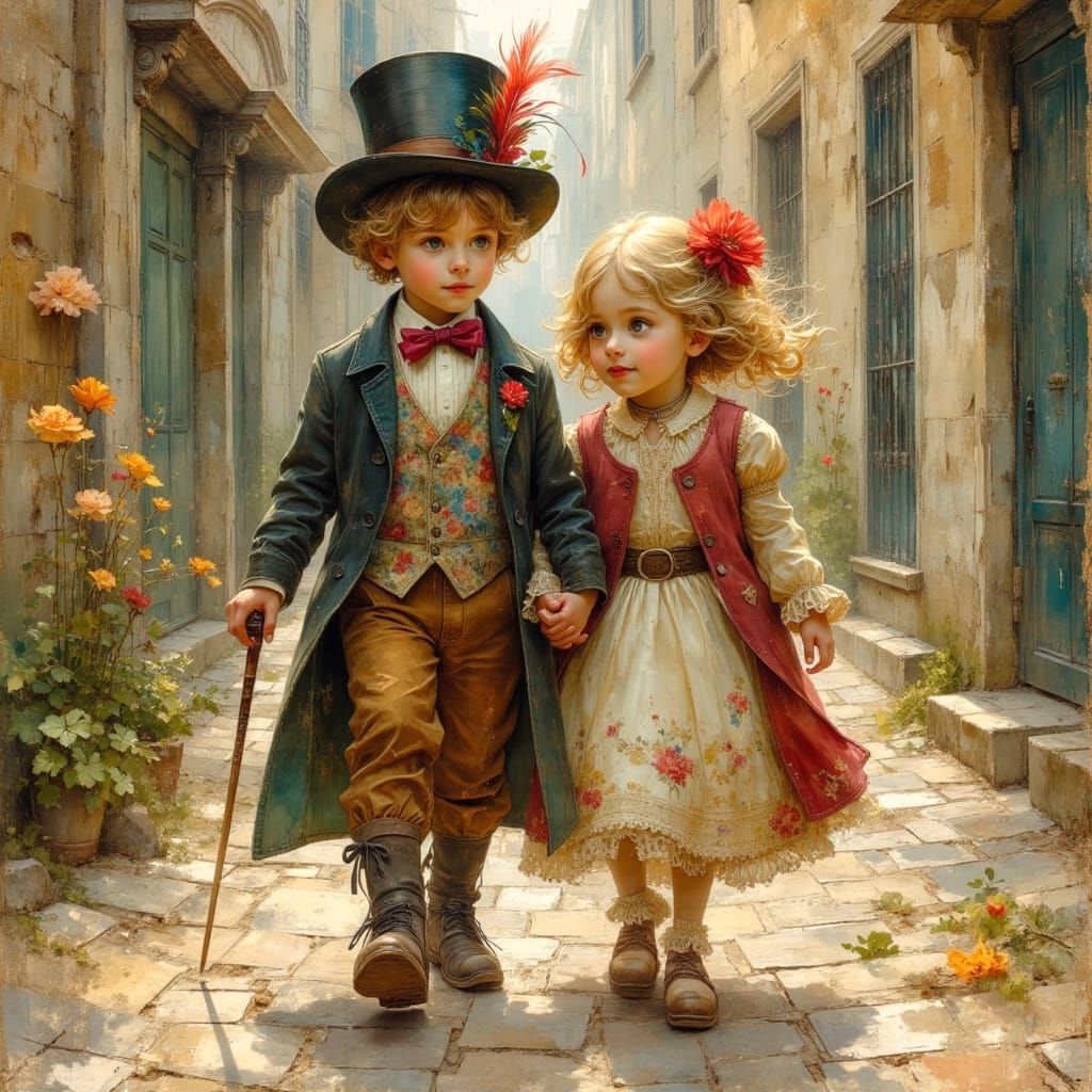 Children and Puppy on Cobblestone Path, Old-Fashioned Painti...