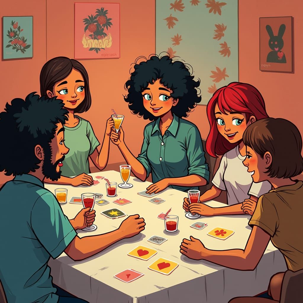 Friends Playing Party Game in Whimsical Style
