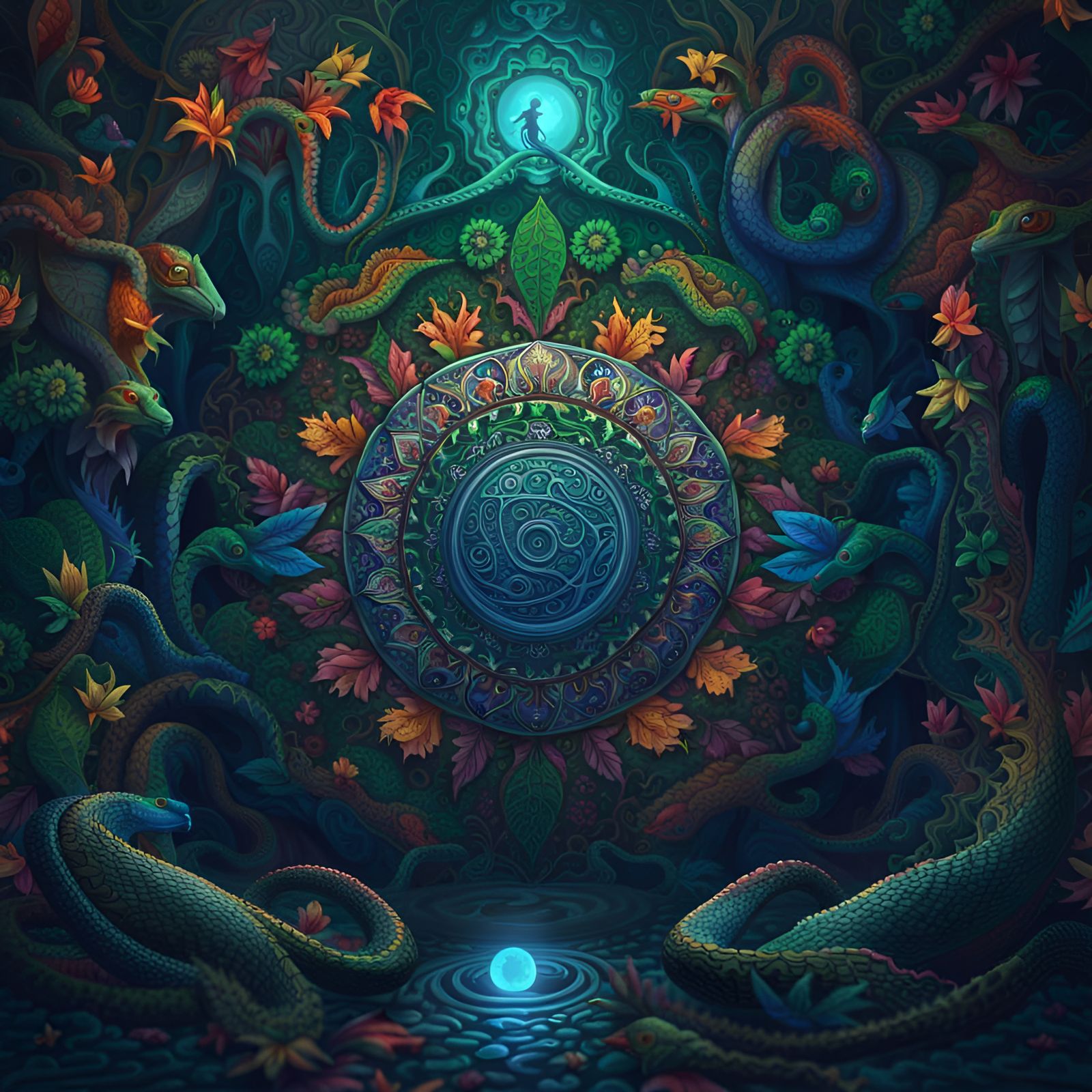 An Indian ritual with Snakes, vines crawled around with psychedelic leaves, a moon in the centre, mirrored and symmetric...