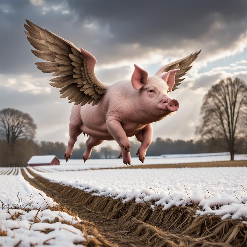 Winged Pig Flies Over Rural Landscape