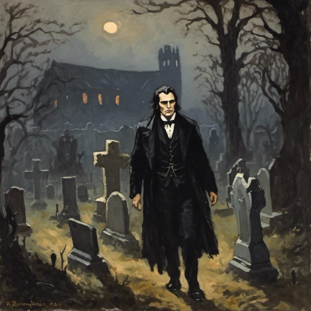 Vampire in Cemetery: Gouache Impressionist Masterpiece