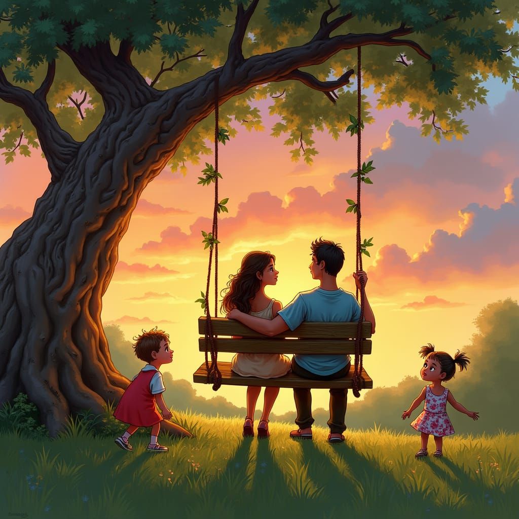 Couple on Rustic Swing Surrounded by Playful Children and Su...