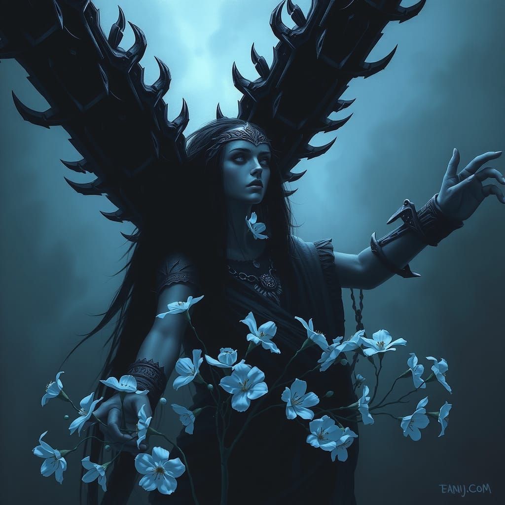 Dark Fantasy Figure Awakens Under Blades and Blossoms