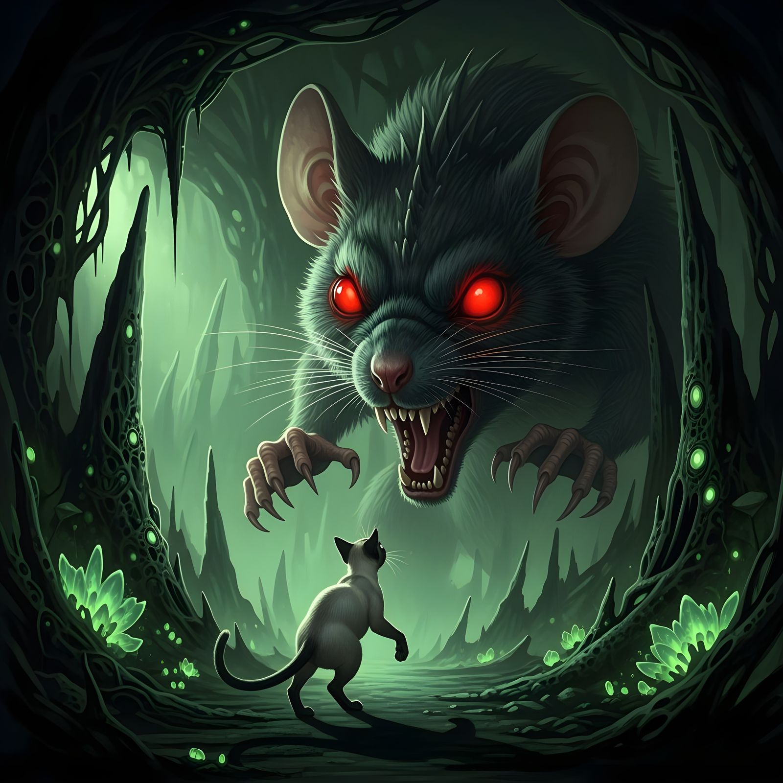 Giant Mouse Menaces Tiny Cat in Gothic Horror Style