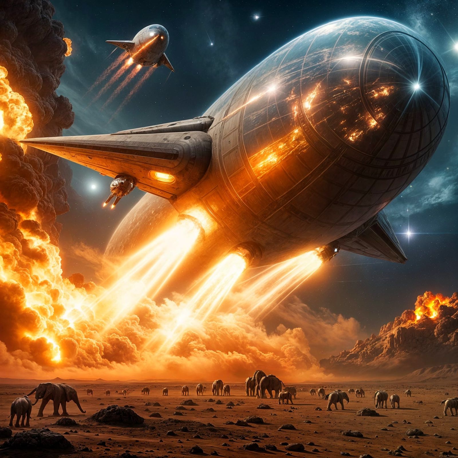 Giant Spaceship with African Animals Launches from Earth