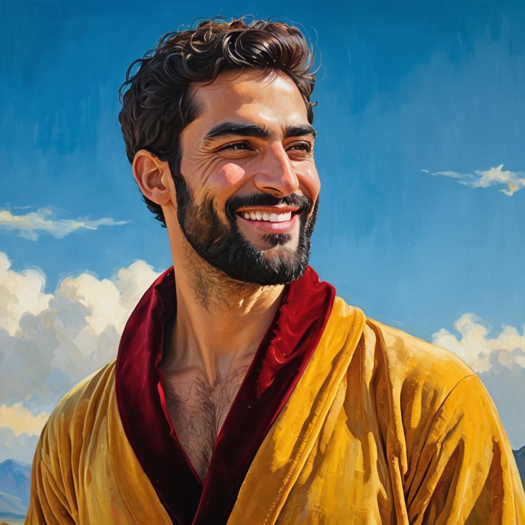 Smiling Man in Velvet Bathrobe, Neo-Impressionist Oil Painti...