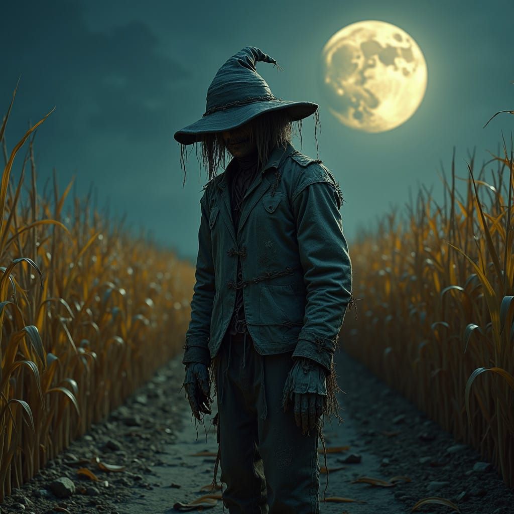 Ominous Scarecrow in Golden Corn Field Under Full Moon