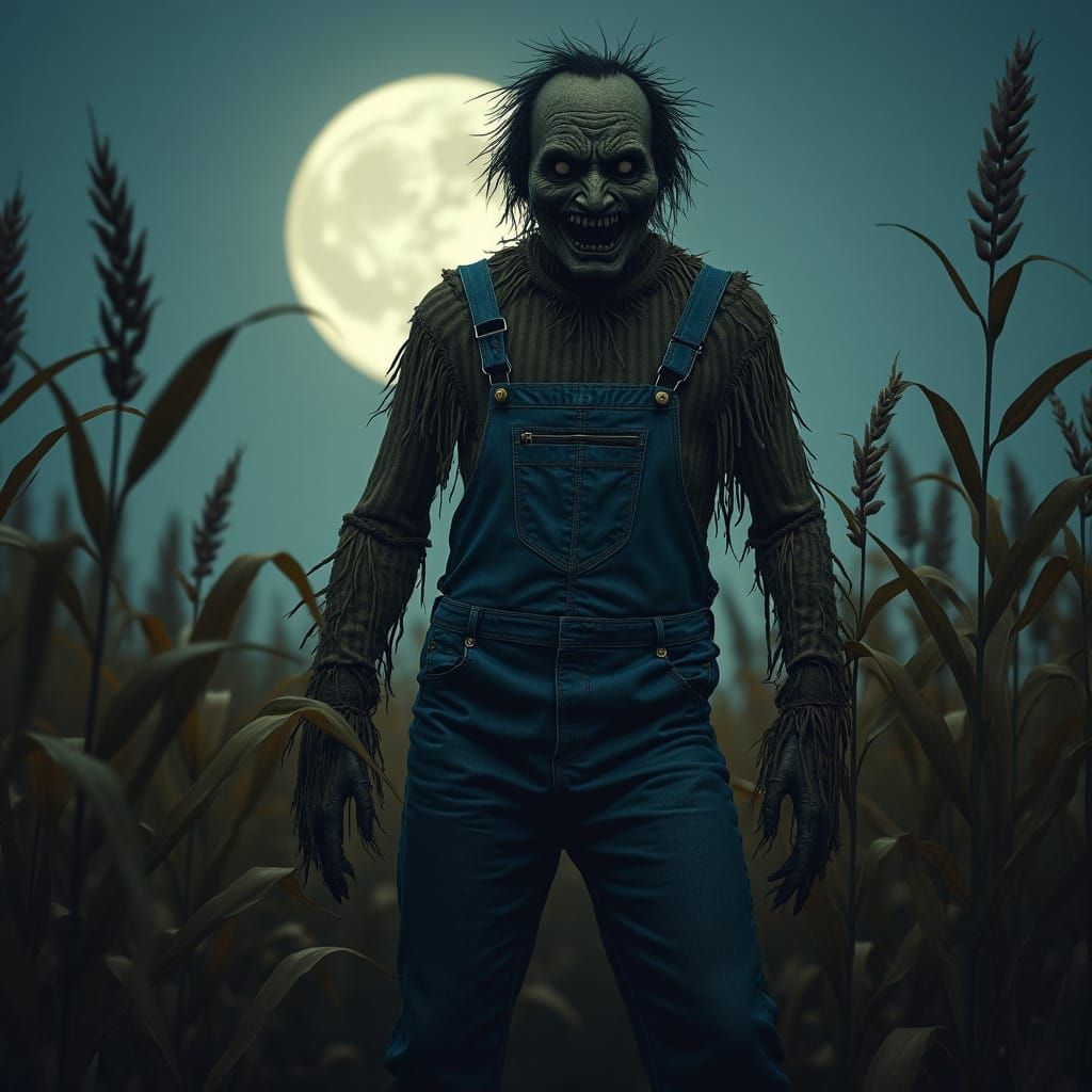 Menacing Scarecrow Under Full Moon in Hyper-Realistic Style