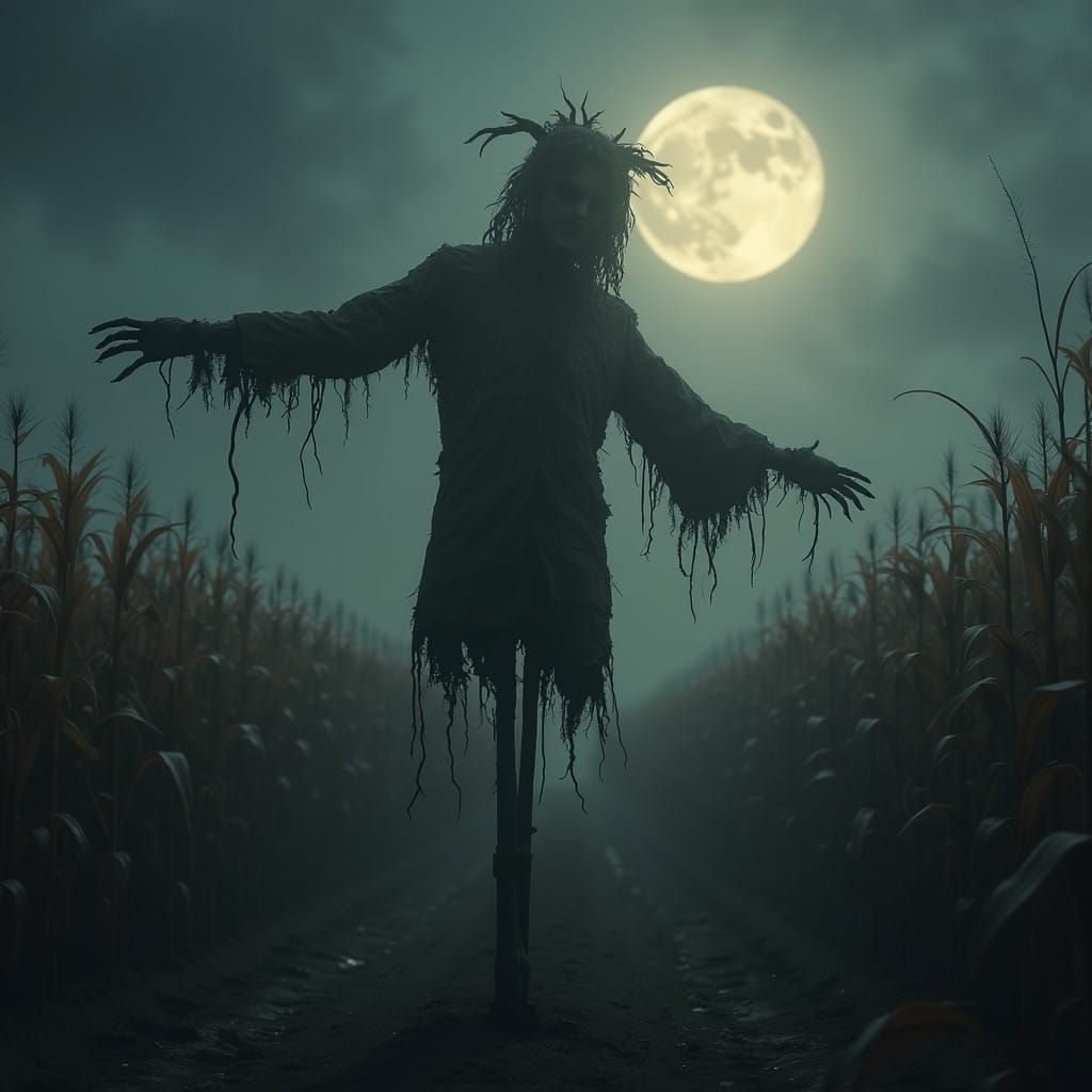 Menacing Scarecrow Emerges Under Full Moon