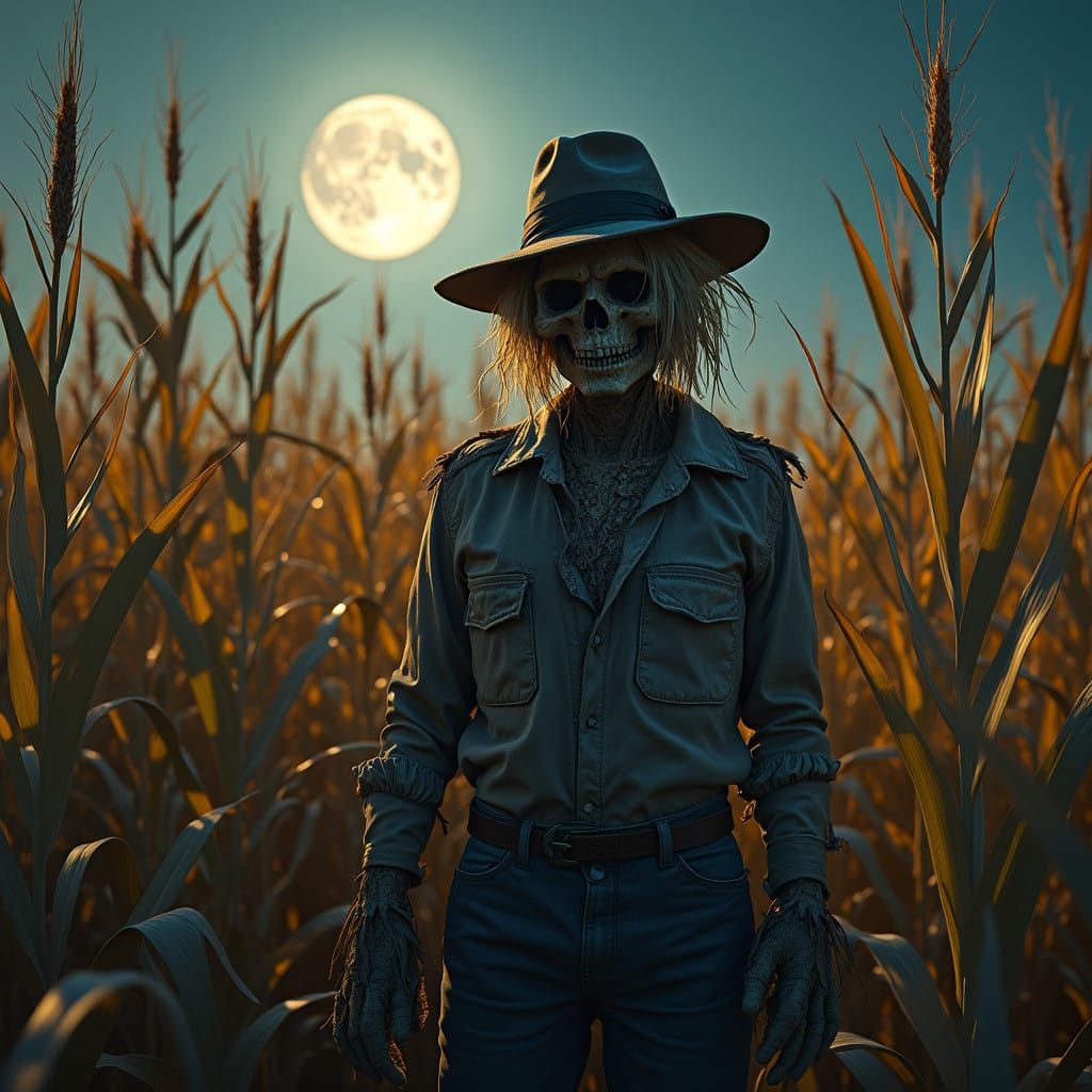 Menacing Scarecrow in a Golden Cornfield Under a Full Moon