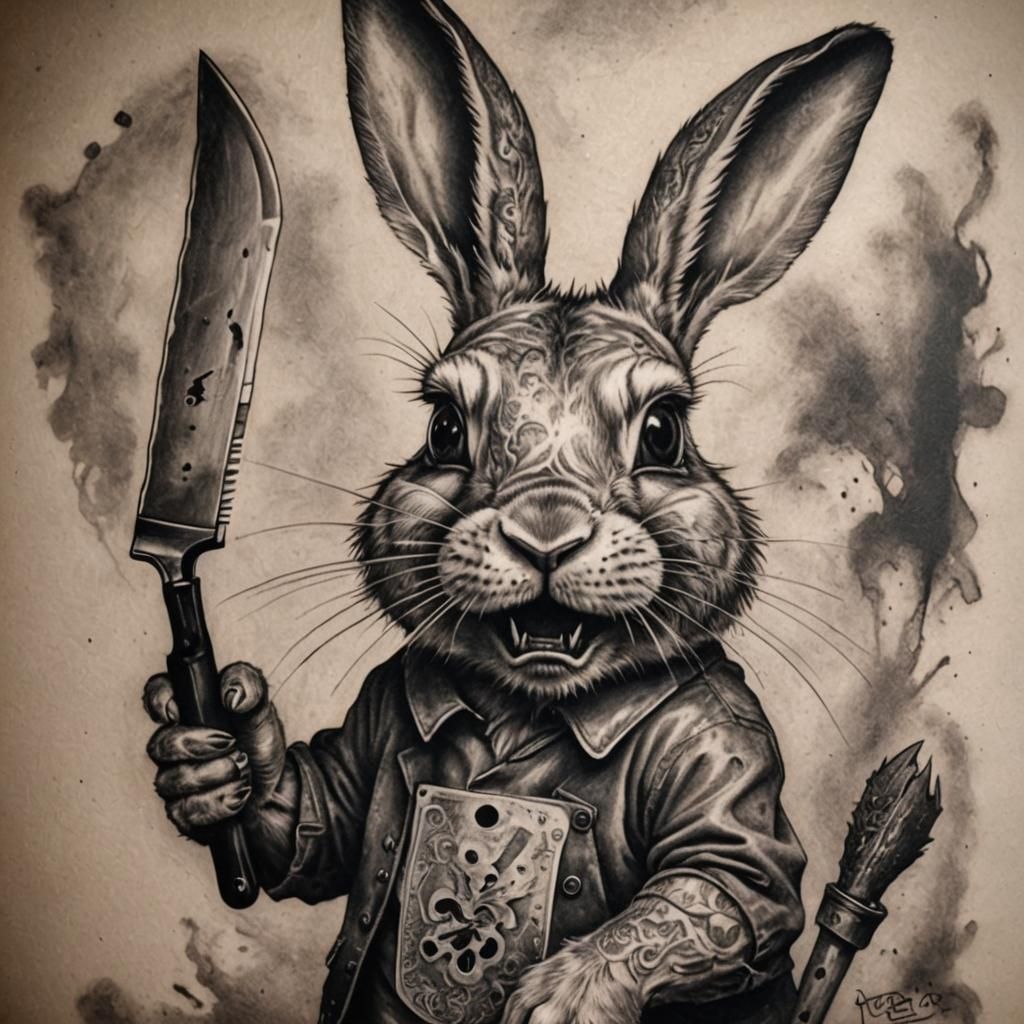 Menacing Rabbit with Meat Cleaver Tattoo