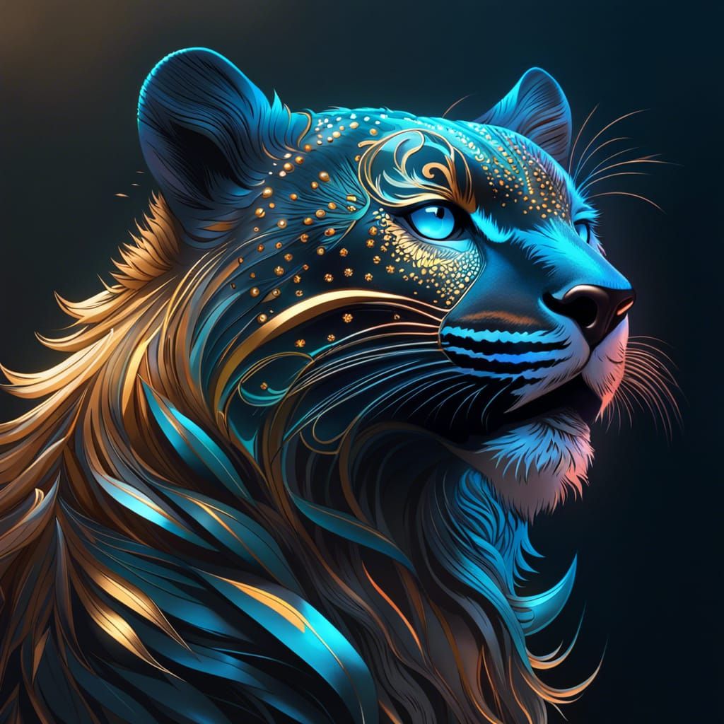 Hyperrealistic Jaguar with Golden Outlines and Starry Sky