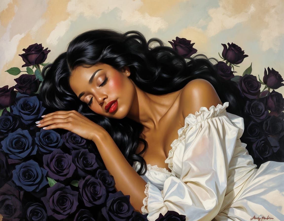 Black Woman Sleeping on Roses: Oil Painting