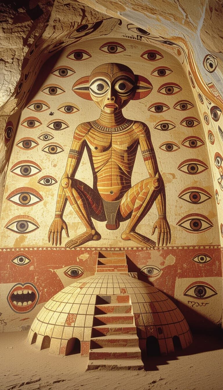 Ancient Cave Art Shows Cyclops Creature Amidst Watching Eyes