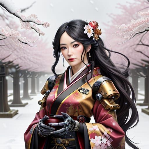 Steampunk Robot Princess in Kimono of Red, Black, and Yellow...