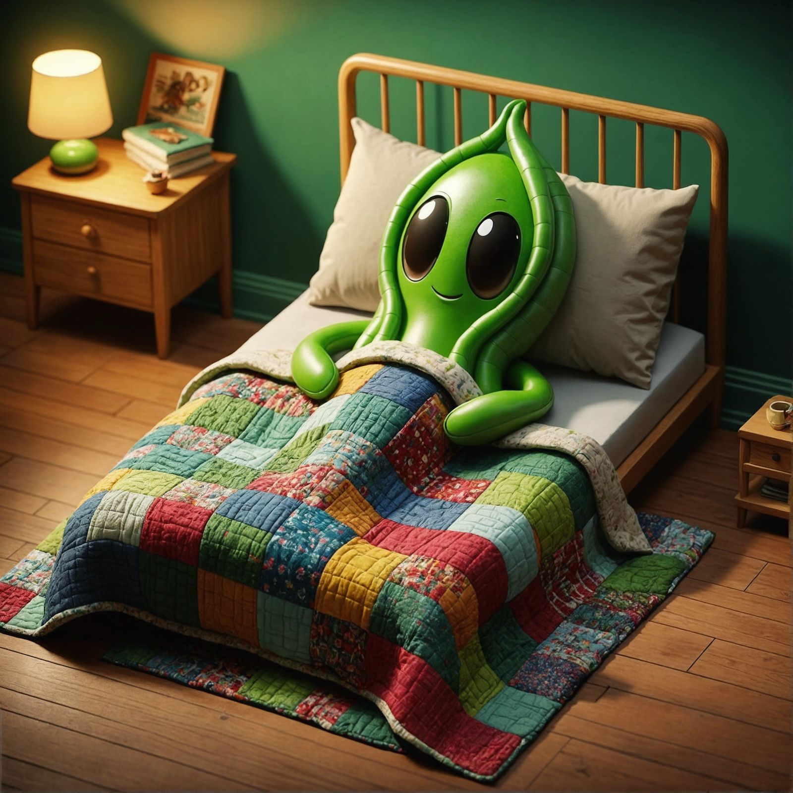 Cartoon Bean Cuddling Under Quilt