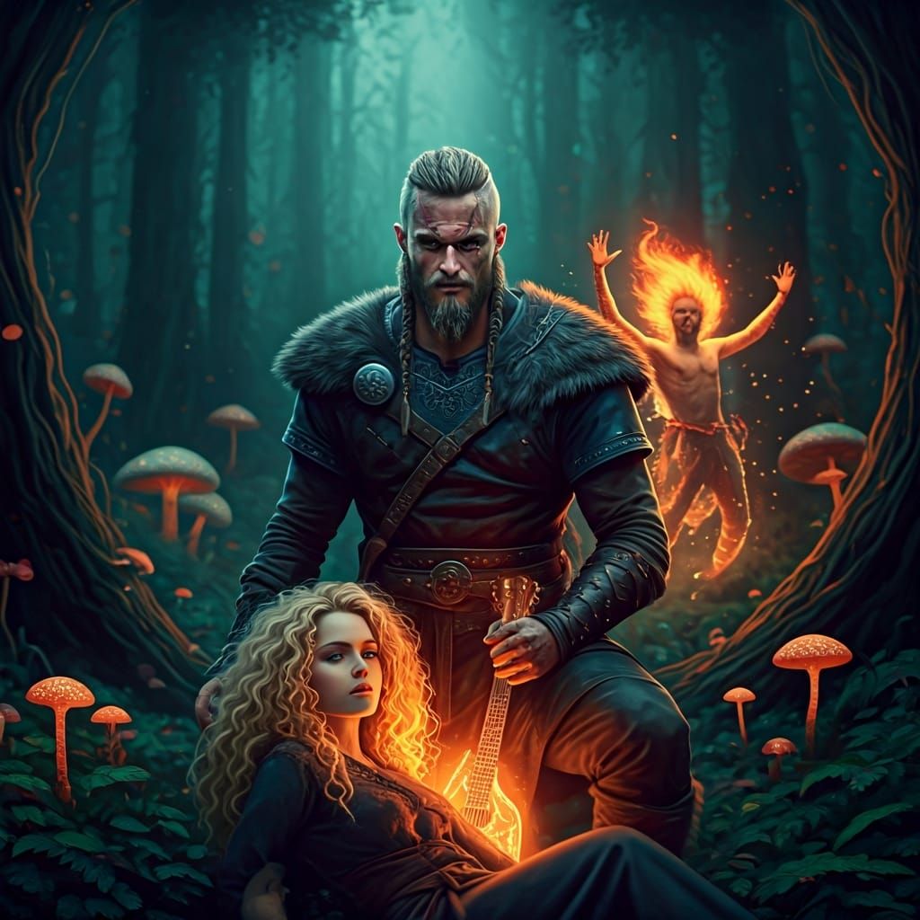 Viking Warrior in Glowing Forest with Guitar