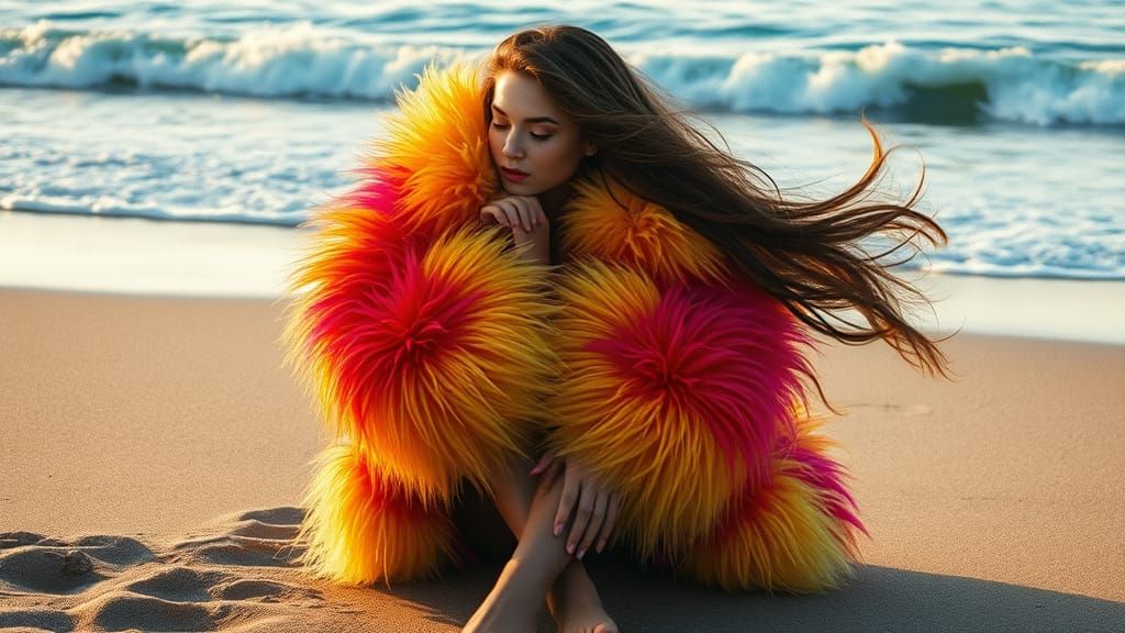 Woman in Fur Coat at Seashore: Hyperrealistic Style