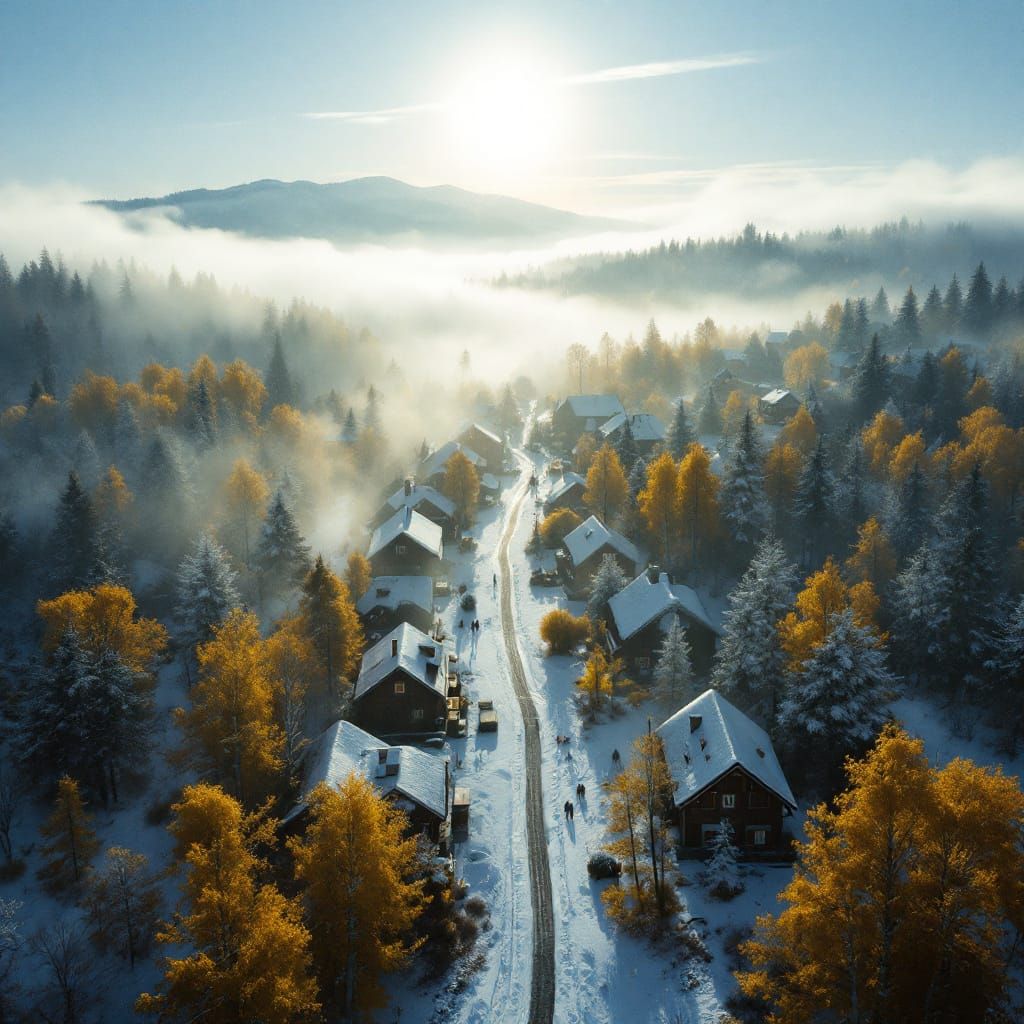 Snowy Village Among Golden Birches in Mystical Gloom