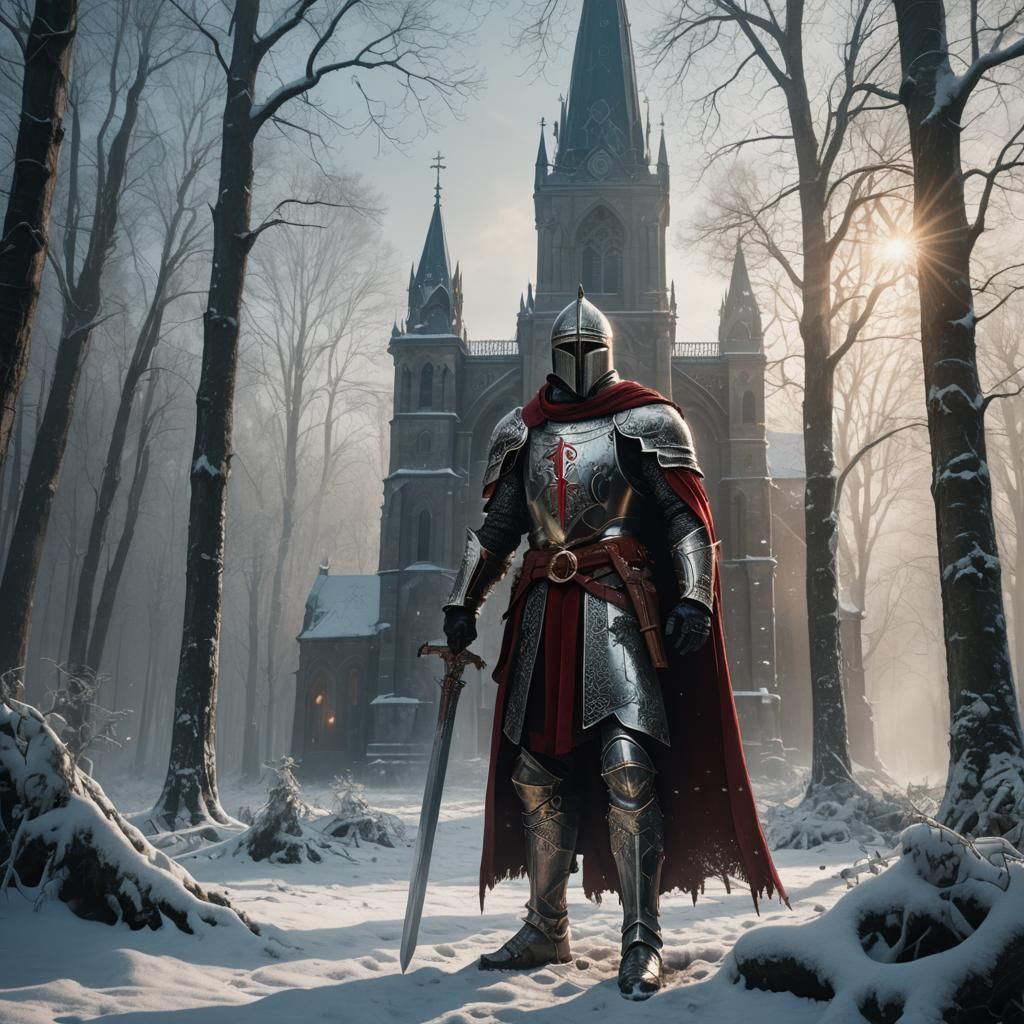 Dark Fantasy Knight Templar Guardian of the Snow-Covered Chu...
