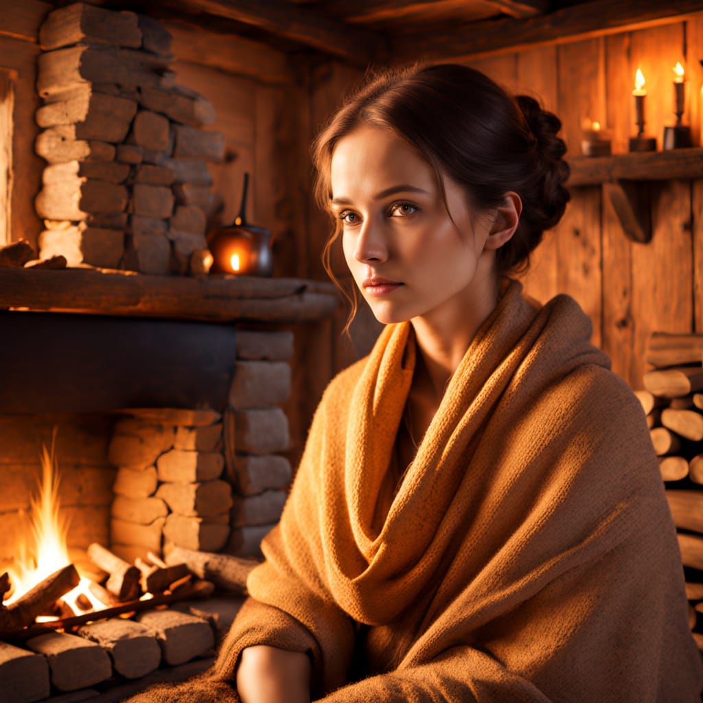 Cozy Cabin Hearth Scene in Soft Matte Painting Style