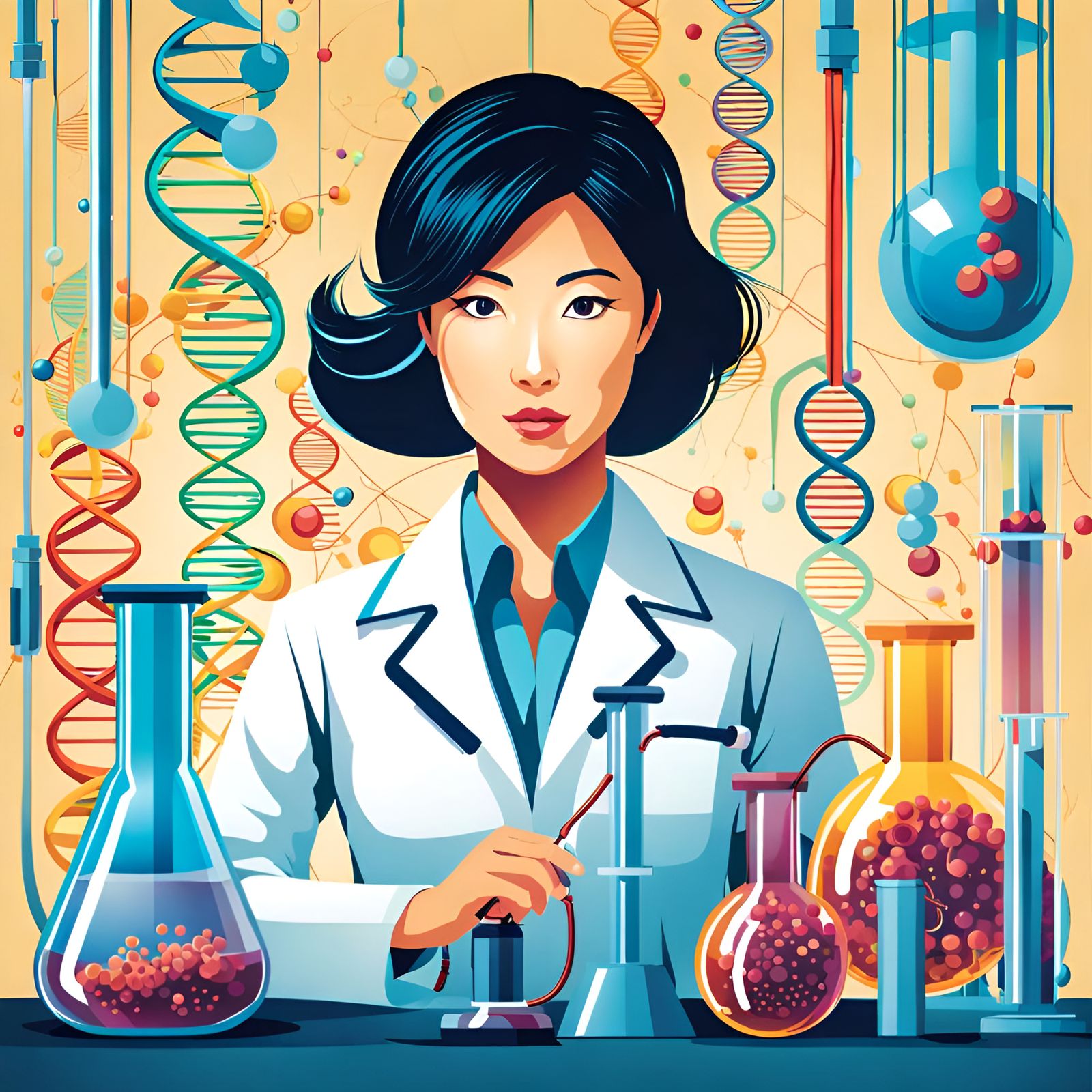 Asian Scientist in Laboratory: Vector Art Illustration