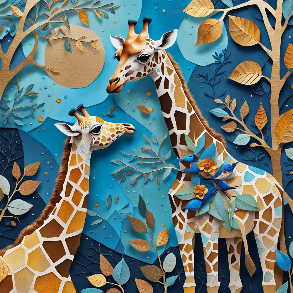 Whimsical Autumn Scene with Giraffe and Bird