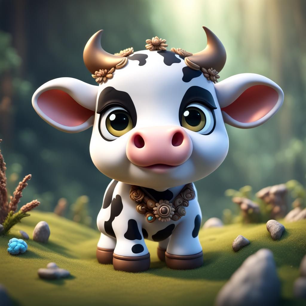 Chibi Cute Baby Cow in Detailed Matte Painting