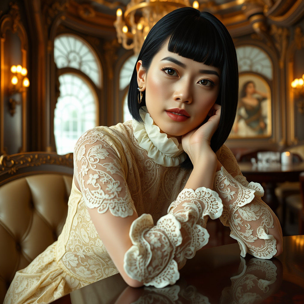 Elegant Woman in Yellow Lace Dress, Digital Matte Painting