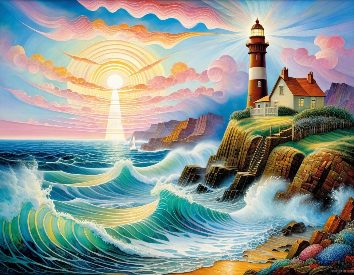 Romantic Lighthouse Seascape in Surrealist Style