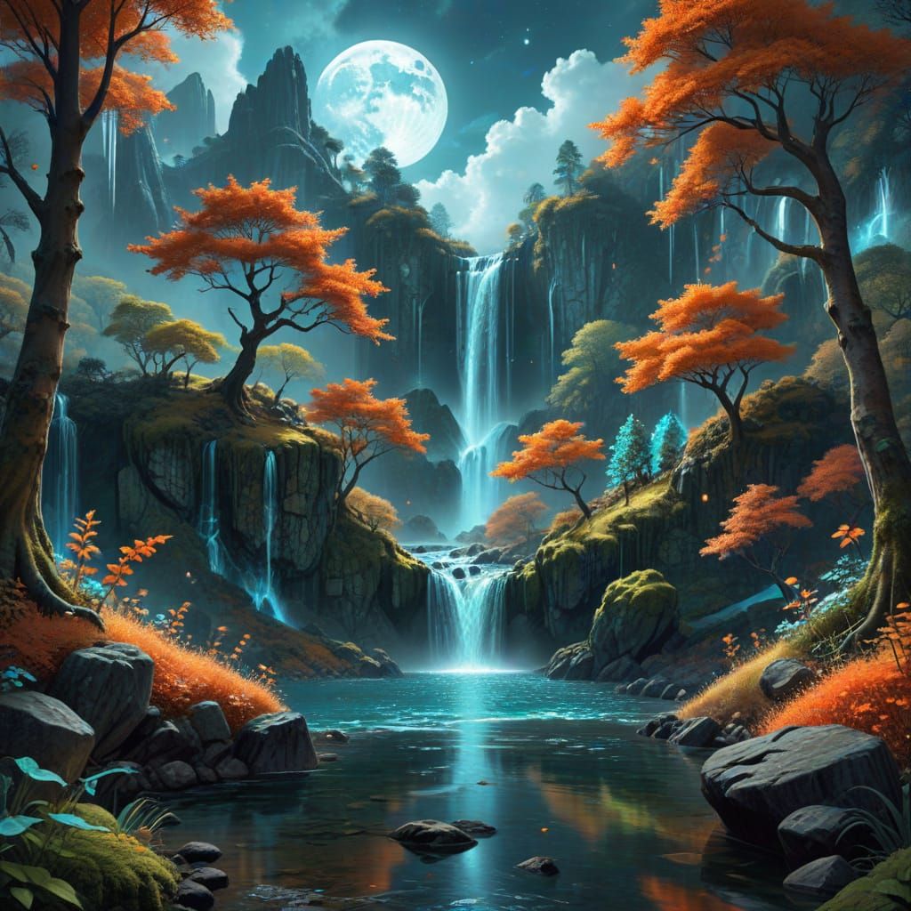Mystical Forest: Panoramic Fantasy Art with Waterfalls