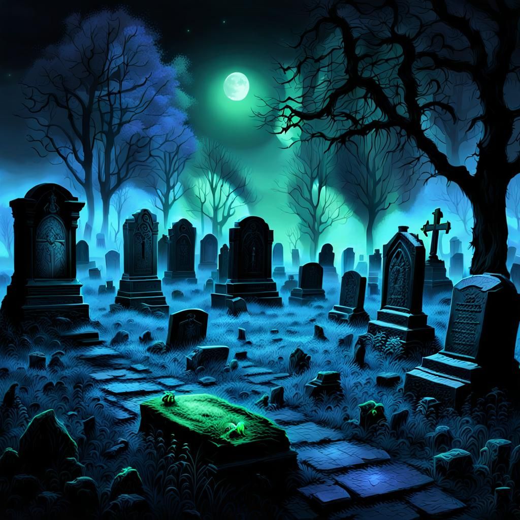 Glowing Spider in Graveyard at Night in Magic Realism