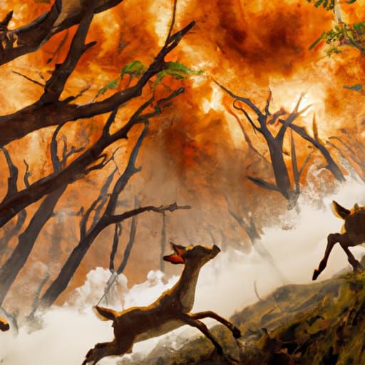 Deer Fleeing Wildfire in Anime Style