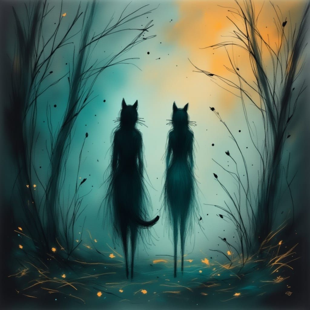 Ethereal Cat People in Teal and Gold Gradient