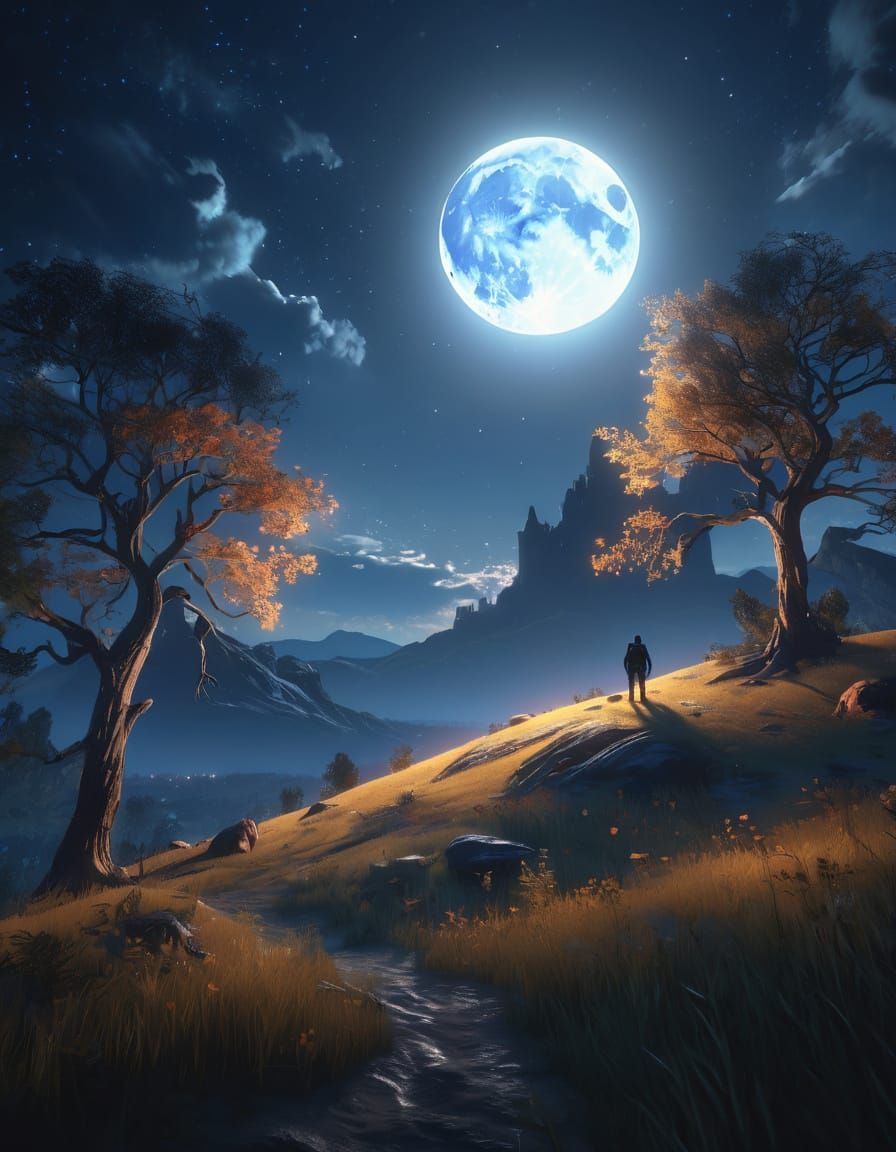Lone Figure Under Full Moon Concept Art