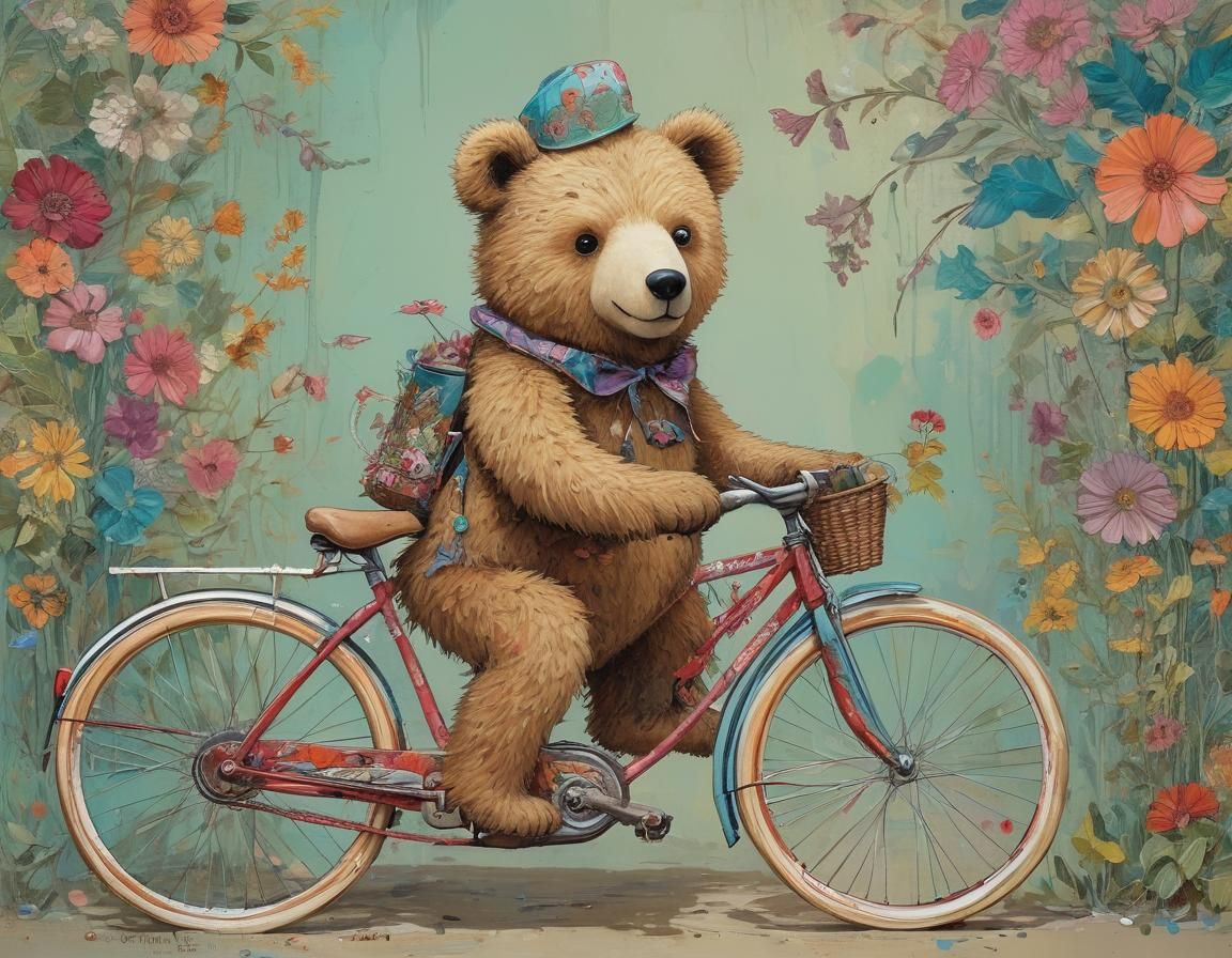 Teddy Bear on Bike, Vibrant Folk Art Illustration