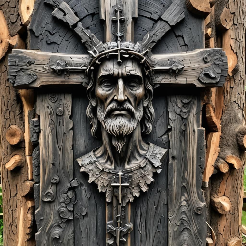 Rustic Chainsaw Carved Cross Sculpture in Charcoal