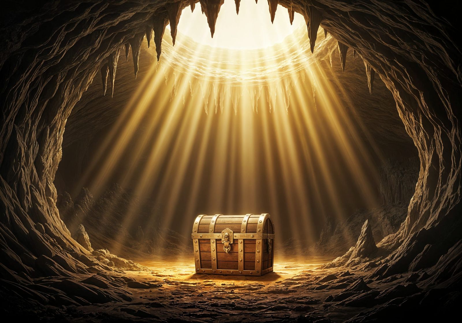 Sunlit Treasure Chest in Cave, Comic Book Art