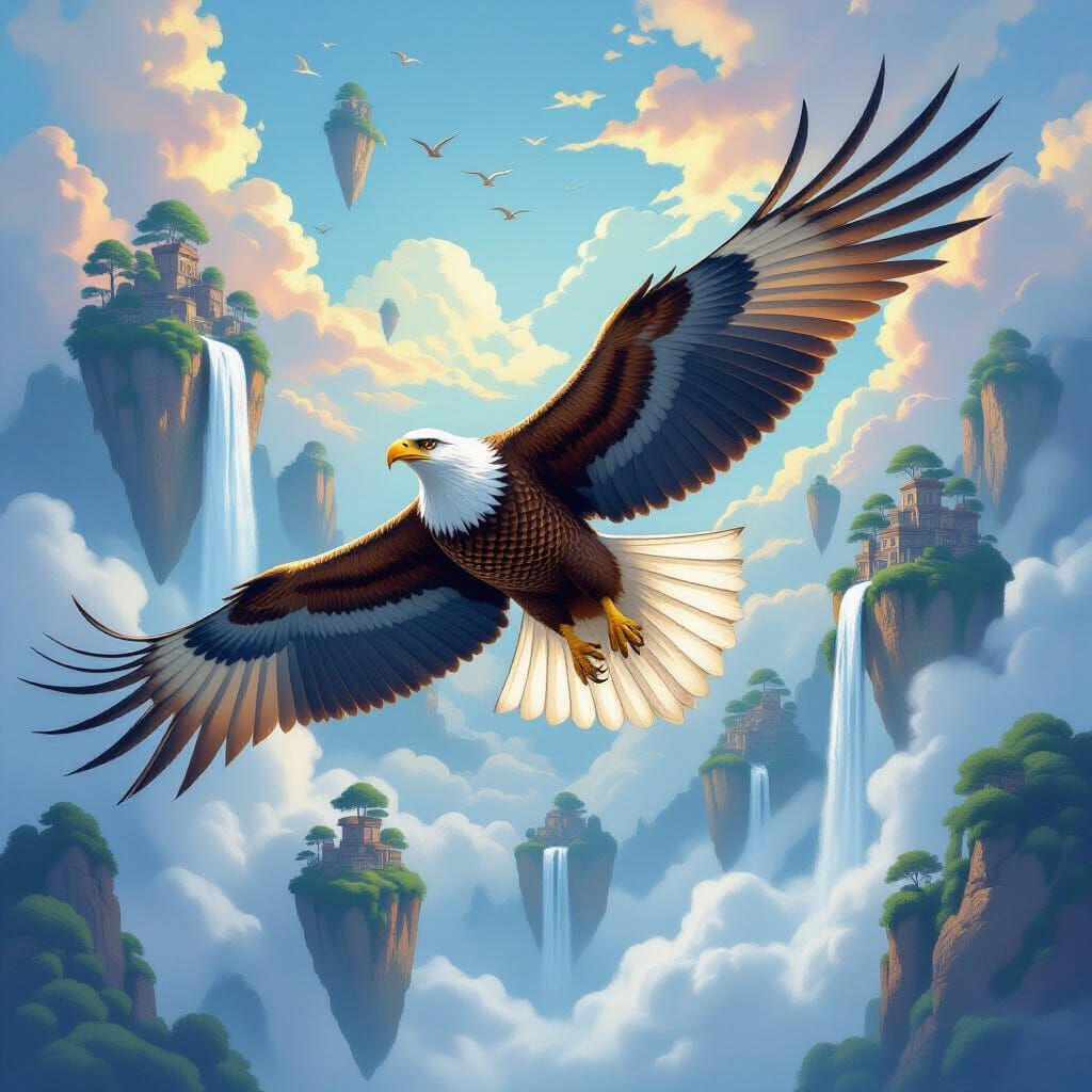 Surreal Eagle with Koi Scales Flies Through Floating Islands